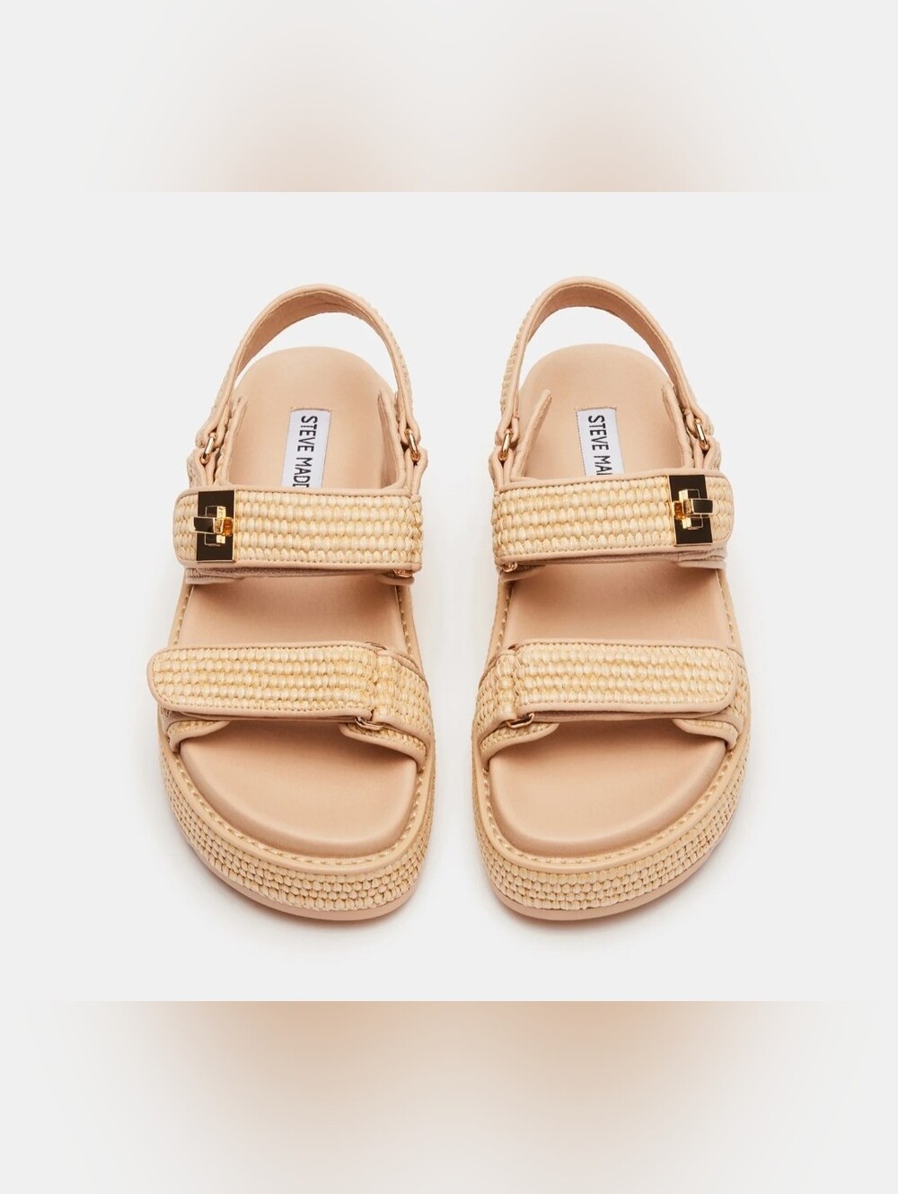 Steve Madden Big Mona Raffia Tan Woven Sandals with Gold Buckles